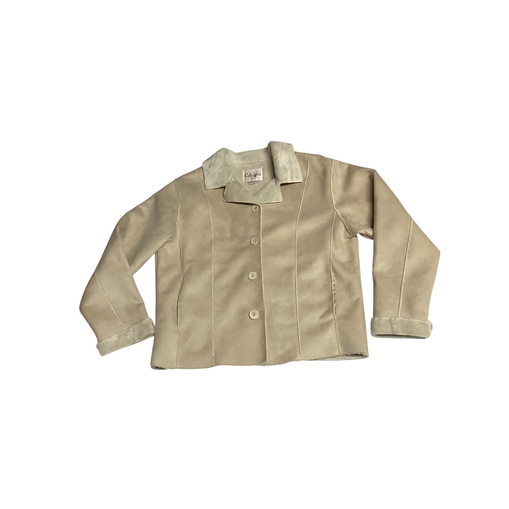 Calispia Tan Faux Suede Fur Lined Button Front Jacket Beige Medium Bohemian Cozy